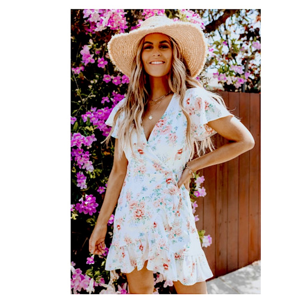 Boutique white floral wrap dress